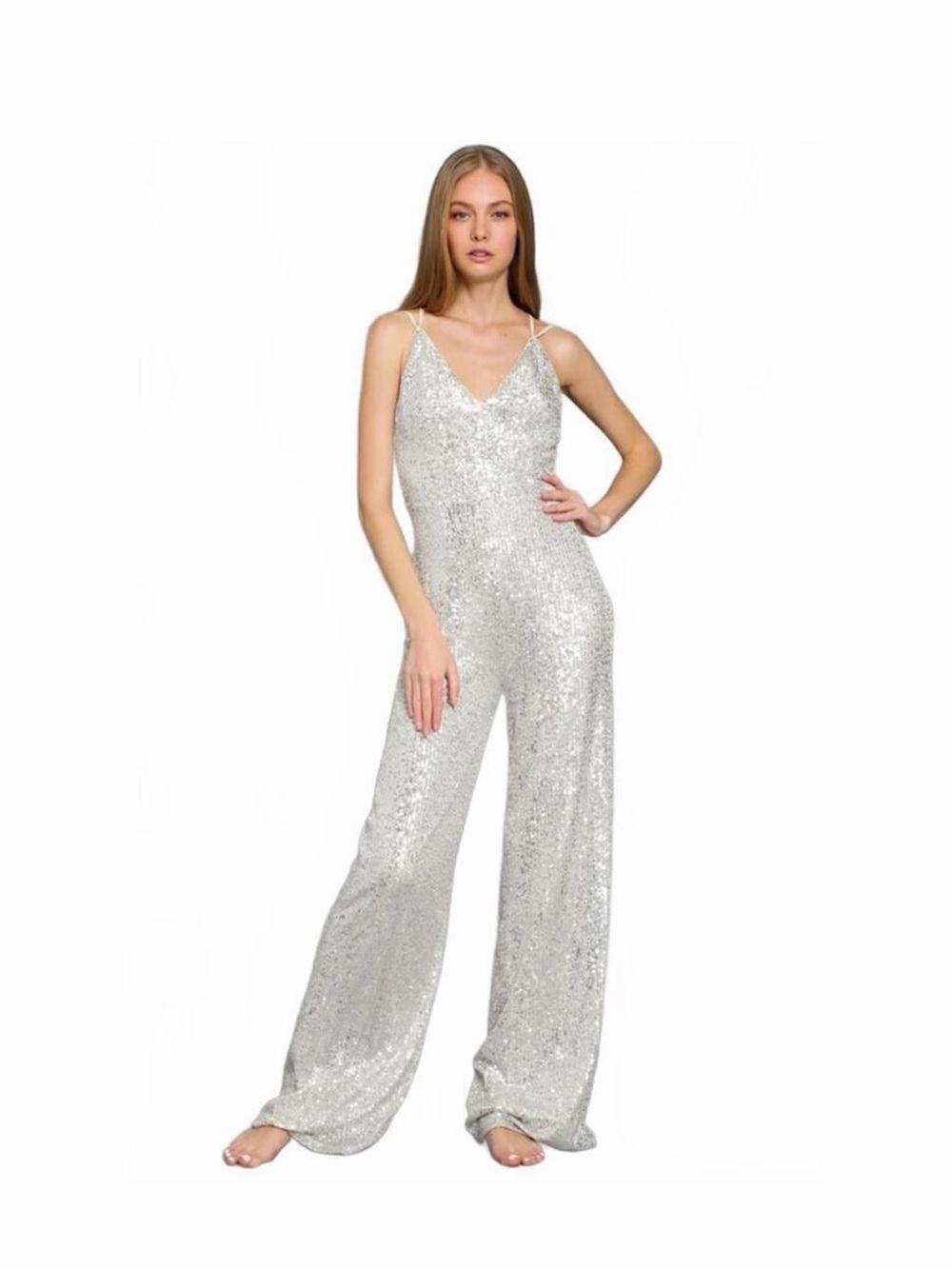 Aakaa Silver Sequin V-Neck Wide-Leg Jumpsuit